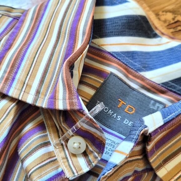 TD Thomas Dean LARGE Striped L/S Button Up Shirt Purple Gold - Picture 5 of 6